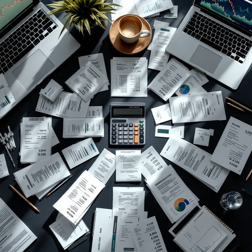 Organized financial workspace with documents and calculator